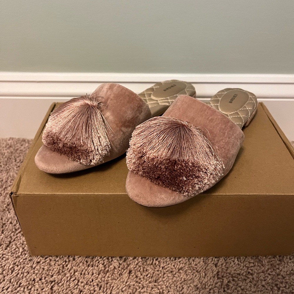 Birdies Blush Pink Velvet Tassel Slide Slippers 8.5